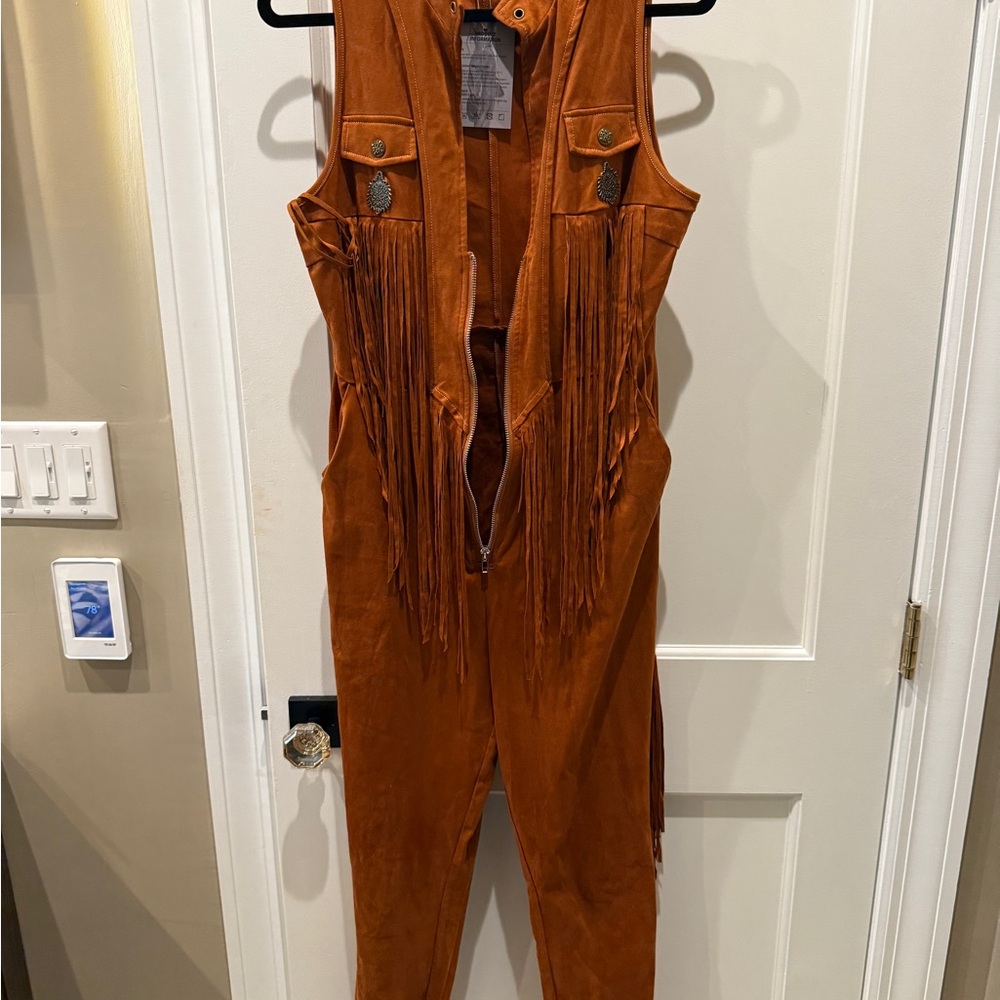 Stylish Tan Jumpsuit with Fringe Details
